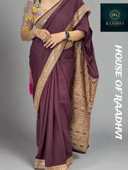 The complete look. Our dark brown Banarasi saree paired with a vibrant floral blouse and a pearl choker. This is a perfect example of how a contrasting blouse can bring a traditional saree to life.