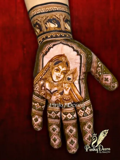 A stunning portrait of Radha Rani, created for a client's Karwa Chauth. The intricate details in her jewelry and the peacock feather capture the divine beauty of the goddess.