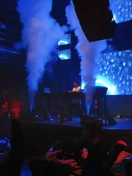 Smoke cannons firing up the stage at Sunburn. These special effects are timed perfectly with the music to create high-impact moments.