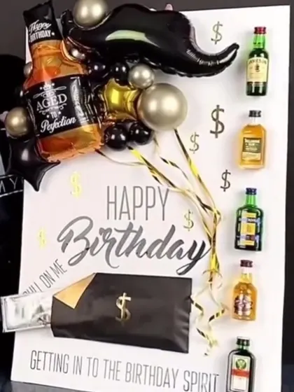 A life-sized birthday card for him. This fun arrangement includes a balloon display with a mustache and liquor bottle foil balloons, mini liquor bottles, and an envelope with cash.