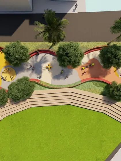 An aerial plan of the play area at New Baldwin School, showing a thoughtful layout that maximizes play value with varied equipment and flows into a small amphitheater.