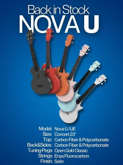The Enya Nova U series is back in stock. These carbon fiber and polycarbonate ukuleles are known for their bright tone, durability, and modern design, available in a range of fun colors.