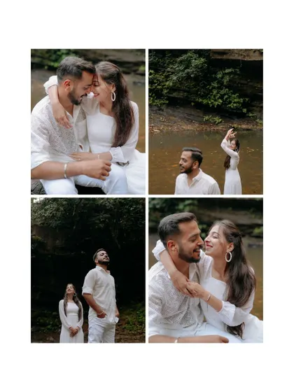 A four-panel collage capturing a variety of moments from a pre-wedding shoot in nature. It shows the couple's playful, romantic, and peaceful interactions in a beautiful, secluded spot.