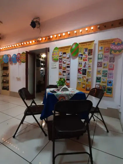 A wide view of our indoor seating area, fully decorated and ready to welcome guests for Easter celebrations.