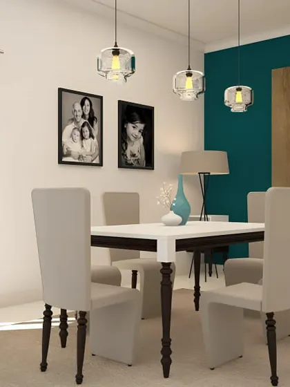 An elegant dining room with a classic color palette of teal, white, and wood. The simple furniture and clean lines create a timeless and sophisticated look.