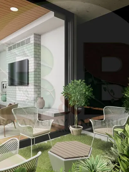 A nighttime 3D render of the transitional living room and patio. This helps visualize the lighting design, both indoors and outdoors, to ensure the space is just as inviting after sunset.