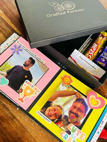 An open view of a completed Rakhi album, customized with a customer's personal photos. We love seeing your memories come to life on the pages we create.