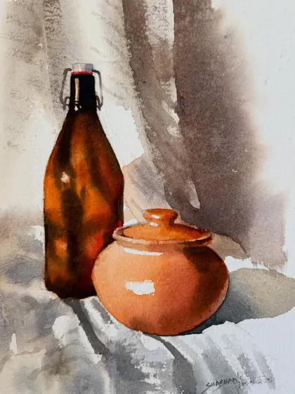 A simple still life study of a glass bottle and a clay pot, focusing on light, shadow, and form.