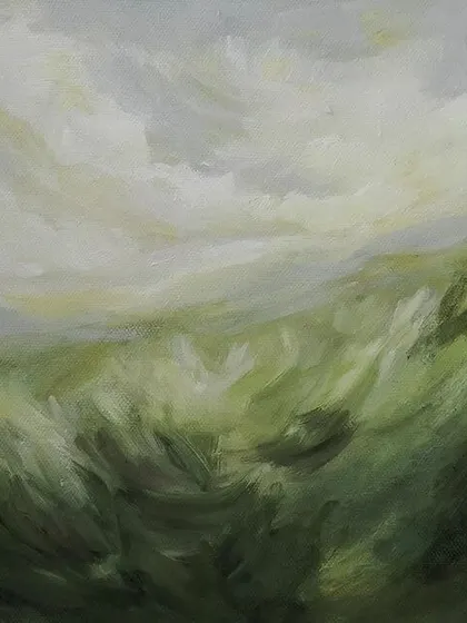 This abstract landscape painting uses broad strokes of green and white to suggest rolling hills under a cloudy sky. It's a minimalist yet expressive piece that captures the feeling of being in nature.