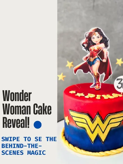 Red, blue and gold-coloured details surround our Wonder Woman birthday design, with the number 30 beside the character topper.