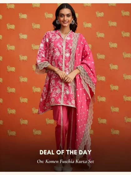 The Komen Fuschia Kurta Set is back as a deal of the day. This vibrant pink is perfect for making a statement at your next event.