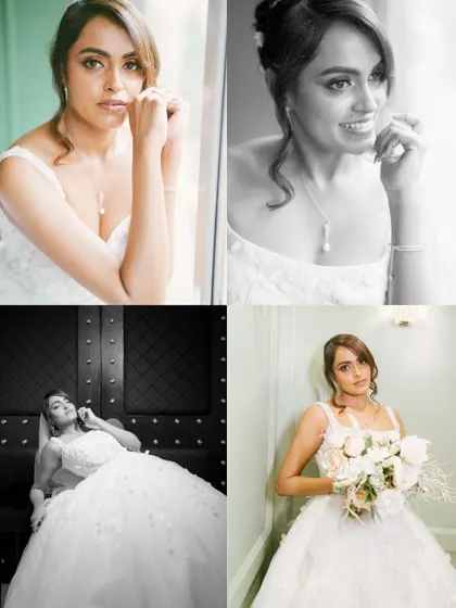 A collage of stunning bridal portraits in both color and black and white. These images showcase the bride's beauty and the versatility of our portrait style.