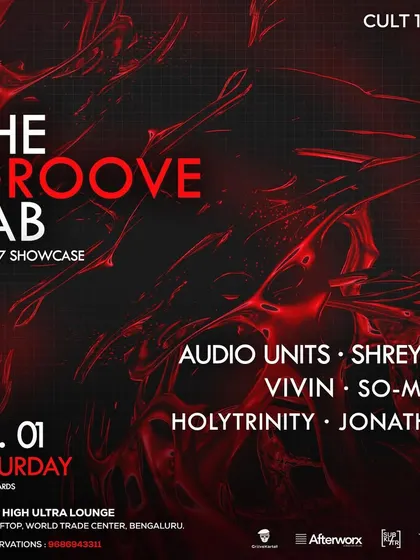 A poster for "The Groove Lab" with a red, abstract, and energetic design. The visual style communicates a night of intense, driving, and powerful electronic music.
