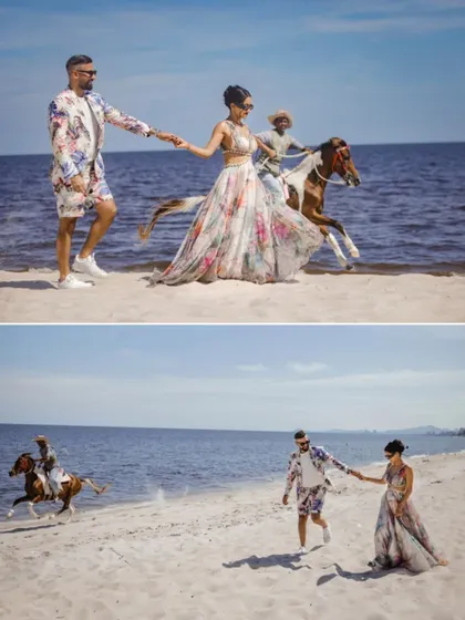 A collage of a couple's adventurous beach photoshoot in Thailand.