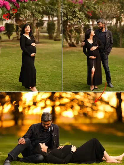 A collage capturing the romance of an outdoor maternity shoot at sunset. The warm golden light creates a beautiful, dreamy mood for these couple's portraits.