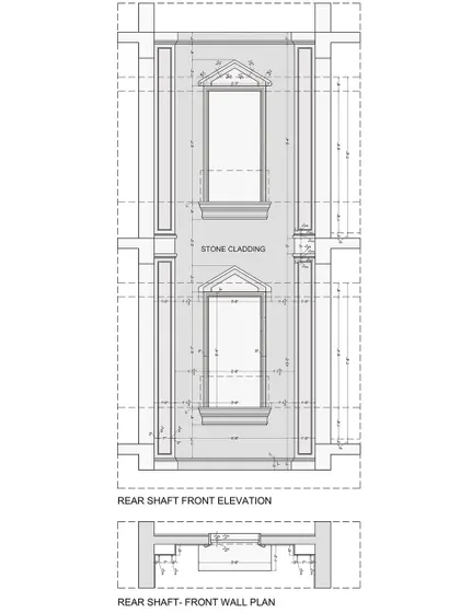 Technical drawings for the open-to-sky shaft in the KAIRA residence. The plans and elevations detail the stone cladding and classical mouldings used to adorn the shaft walls.