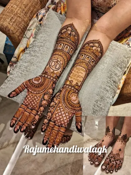 A collage showing a full bridal mehendi package, with intricate designs on both the hands and feet.