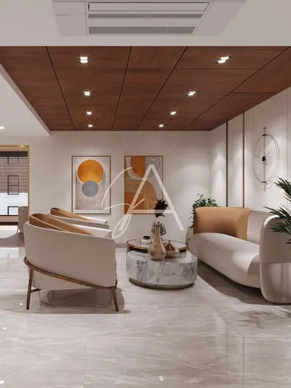 A wide shot of the lounge, showing the cassette air conditioning unit integrated into the ceiling design. We pay close attention to technical details to ensure they blend seamlessly with the interior.