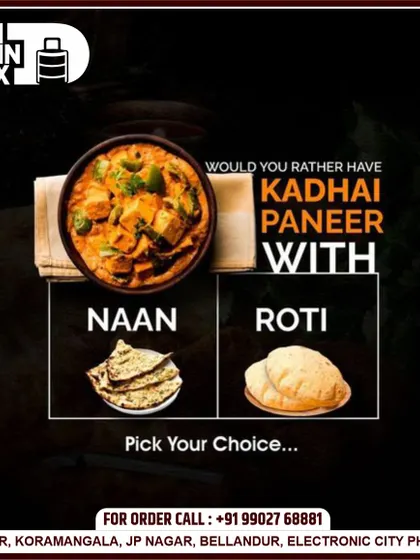 How do you prefer your Kadhai Paneer? This graphic asks a question I often get: whether to pair it with Naan or Roti. I offer both options to go with my flavorful paneer dishes.