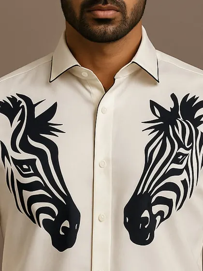A close-up view of the zebra embroidery, showing the intricate pattern work within the design. The black piping on the collar adds a final touch of sharpness.