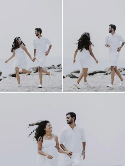 A collage of a couple in white, walking and interacting playfully on a serene beach.