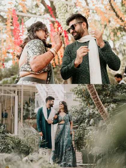 Candid moments from a vibrant mehndi event. The couple is seen dancing and walking together, their smiles reflecting the joyous atmosphere of the celebration by the Ganges.
