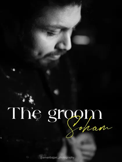 A powerful black and white portrait of the groom, Soham. The dramatic lighting and close-up shot capture his emotion and anticipation on his engagement day.