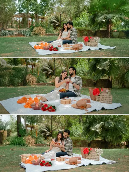 A sequence of three images from a picnic, showing the couple sharing drinks, reading together, and enjoying each other's company.