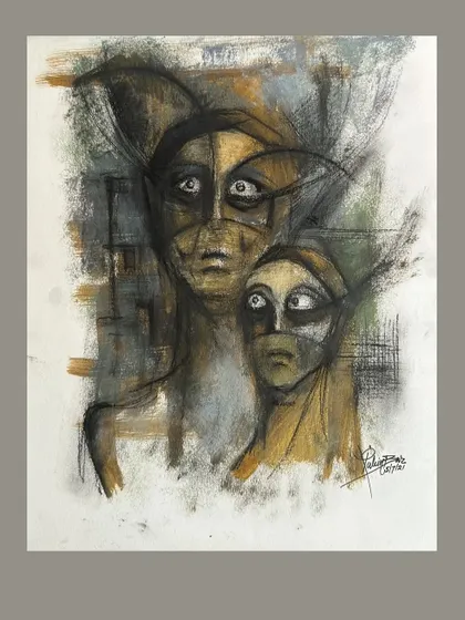 An expressive acrylic and charcoal on paper, this untitled piece shows two faces with wide, staring eyes, conveying a sense of wonder or shock.