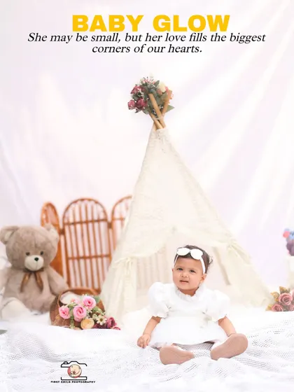 A lovely portrait from a boho themed baby shoot. The 'Baby Glow' text highlights the pure and innocent light that babies bring into our lives.