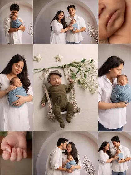 A complete newborn story. This collage combines posed newborn shots, family portraits, and close-up details to create a comprehensive memory of the session.
