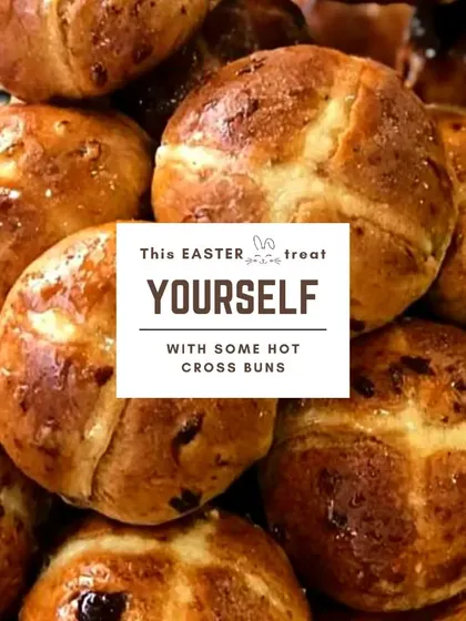 A classic Easter treat, our Hot Cross Buns. They are soft, spiced, and filled with fruit, perfect for an Easter breakfast or snack.