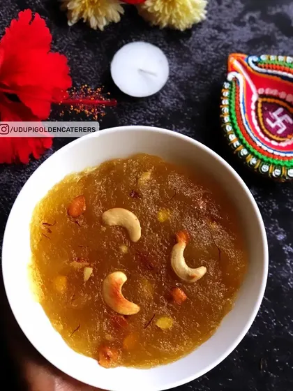 Our traditional Kasi Halwa, a rich and decadent dessert made from white pumpkin and garnished with cashews. This sweet dish is a perfect, festive conclusion to a wedding or pooja meal.
