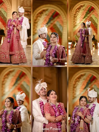 A collage of the couple during their Varmala ceremony, capturing their smiles and candid interactions.