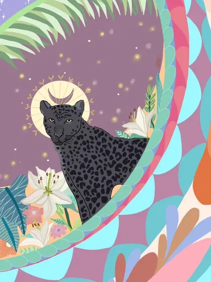 A close-up of the black panther illustration, identical to ID 23. The rich purple and blue tones create a magical, nocturnal atmosphere.