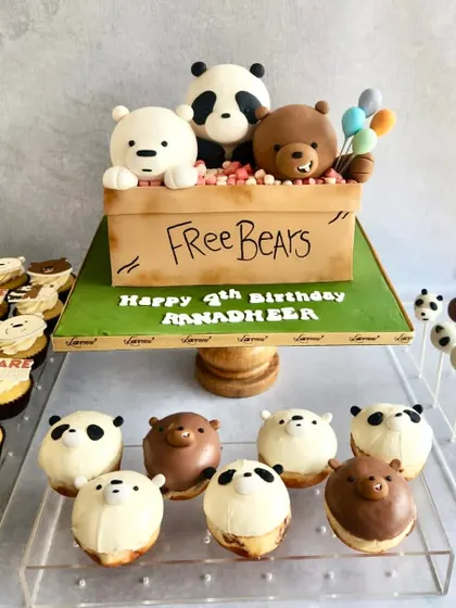How cute are the We Bare Bears? This dessert table was a joy to create, with a "Free Bears" box cake and adorable matching donuts, cupcakes, and cake pops of Grizz, Panda, and Ice Bear.