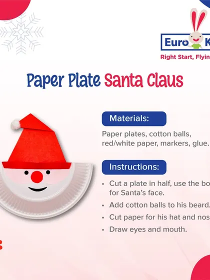 A classic craft: the paper plate Santa Claus. With just a few simple materials like paper plates and cotton balls, children can create a cheerful Santa face, perfect for holiday decor.