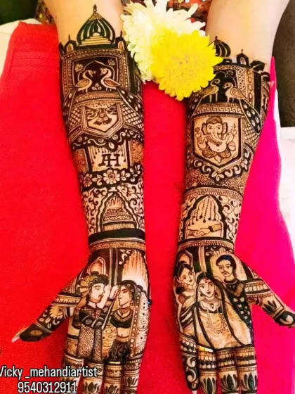 Here, we've combined family portraits on the hands with a depiction of Lord Ganesha for blessings, creating a design that is both personal and auspicious.