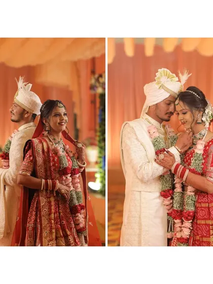 Candid and posed moments from a wedding reception, capturing the couple's playful interaction and their loving connection.