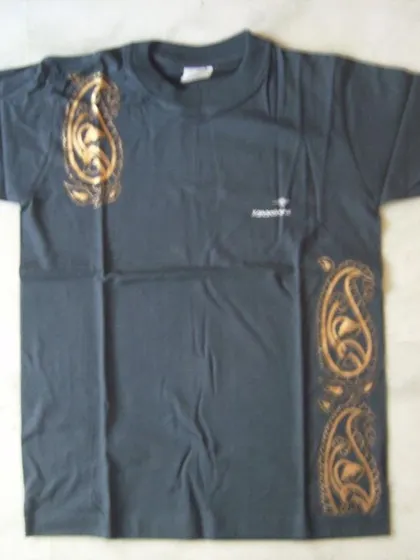 This plain grey T-shirt is transformed with golden paisley motifs painted along the side and shoulder. This custom fabric painting adds an elegant and artistic touch to everyday wear.