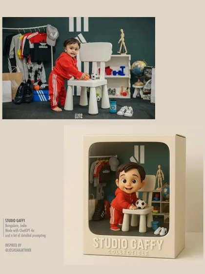 The Adidas-themed photoshoot transformed into a "Studio Gaffy Collectible" 3D figurine.
