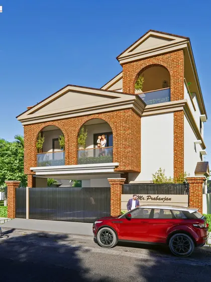 A full street view of the contemporary home with traditional brick arches. The design is a showcase of elegance and smart spatial planning, blending earthy textures with bold facade lines.