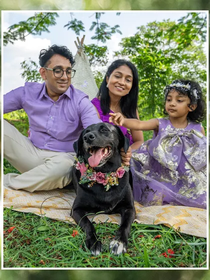 A beautiful family portrait in a lush green orchard, with their daughter and black Labrador.