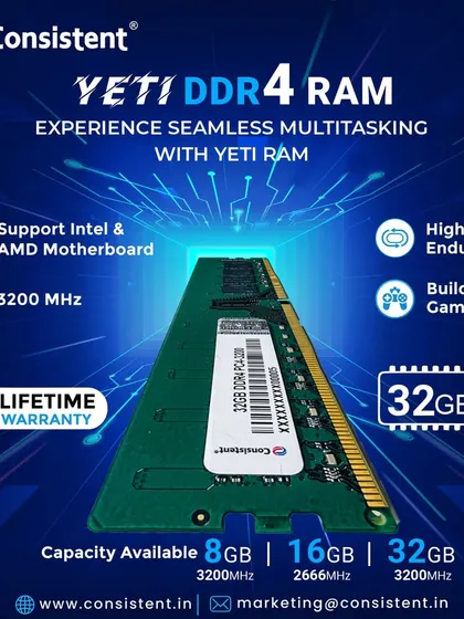 Our Yeti DDR4 desktop RAM is available in 8GB, 16GB, and 32GB capacities. This 32GB module, running at 3200MHz, is perfect for power users, creators, and gamers who need maximum performance and reliability, backed by a lifetime warranty.