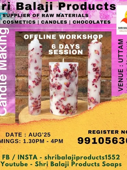 For those serious about starting a business, I offer a 6-day advanced candle making session. This offline workshop covers in-depth techniques, including making these beautiful dried flower pillar candles.