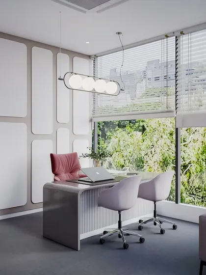 This is a 3D visualization we created for the executive cabin in the Pune office. The design emphasizes natural light, minimalist furniture, and a unique wall paneling detail to create a sophisticated and calm environment for leadership.