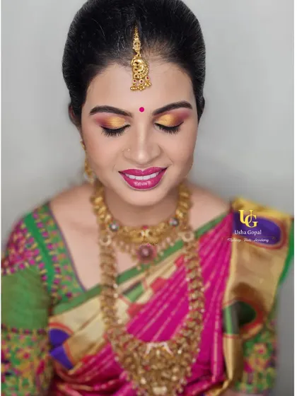 A vibrant look for a daughter's naming ceremony. Learn how to play with bright colors like gold and pink to create a joyful and memorable look for family celebrations.