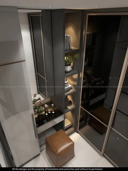 This view shows the open shelving inside the walk-in wardrobe, perfect for displaying accessories or storing books.