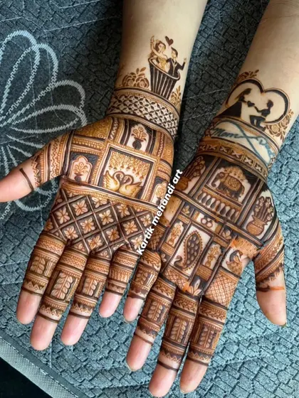 A fun and modern take on engagement mehandi. This design combines traditional patterns with cute, personalized figures of the couple and their favorite things, like a special cupcake.