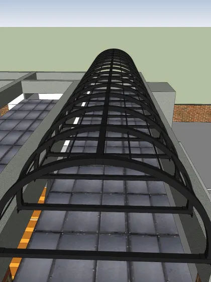 A digital rendering of the vault's structural framework, showing the underlying metal skeleton that supports the brickwork.